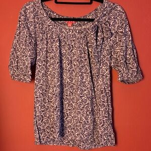 Elle maroon and beige rose patterned blouse with bow tied at neck